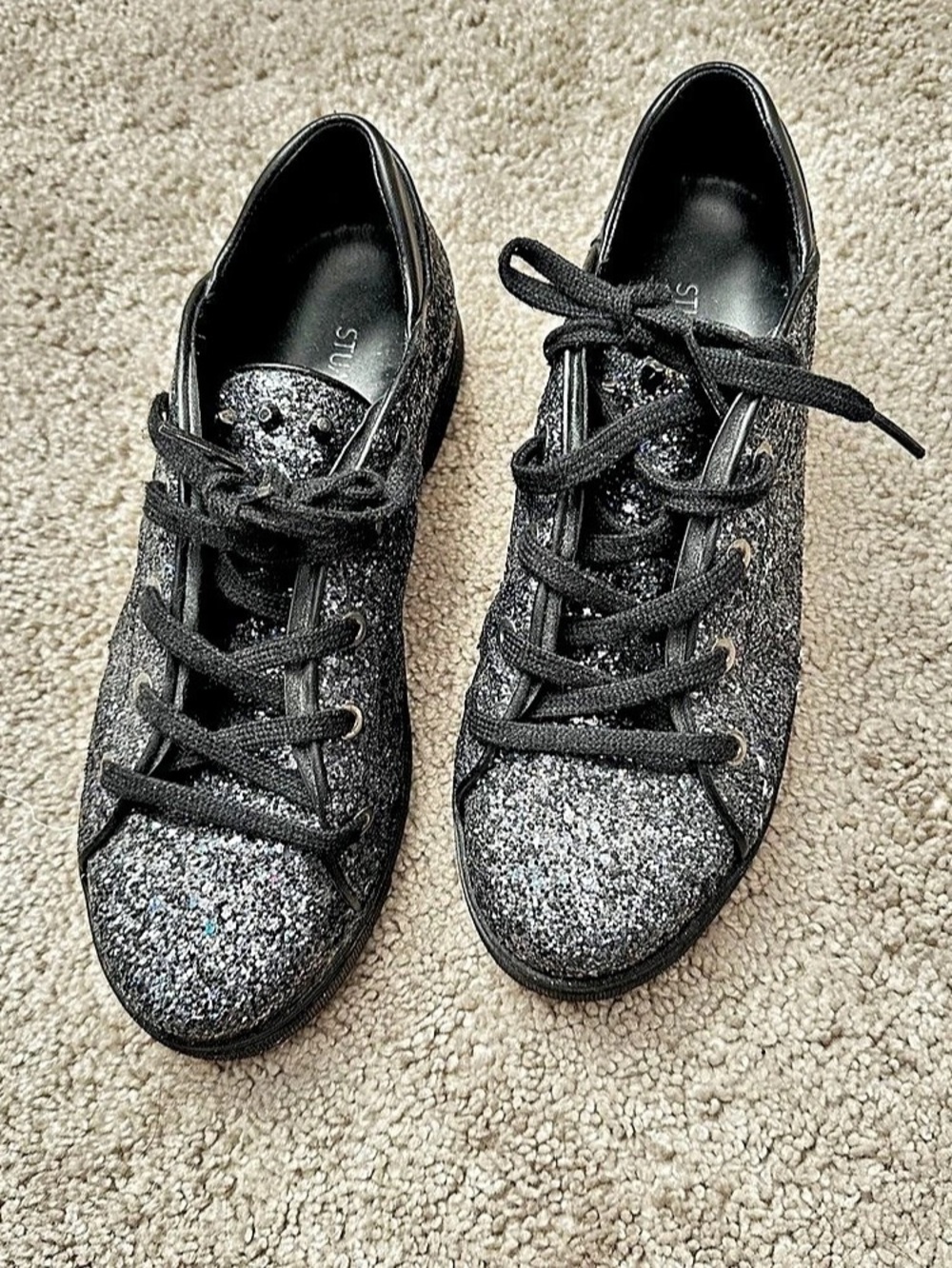 Stuart Weitzman Glitter Lace-Up Sneakers in Black